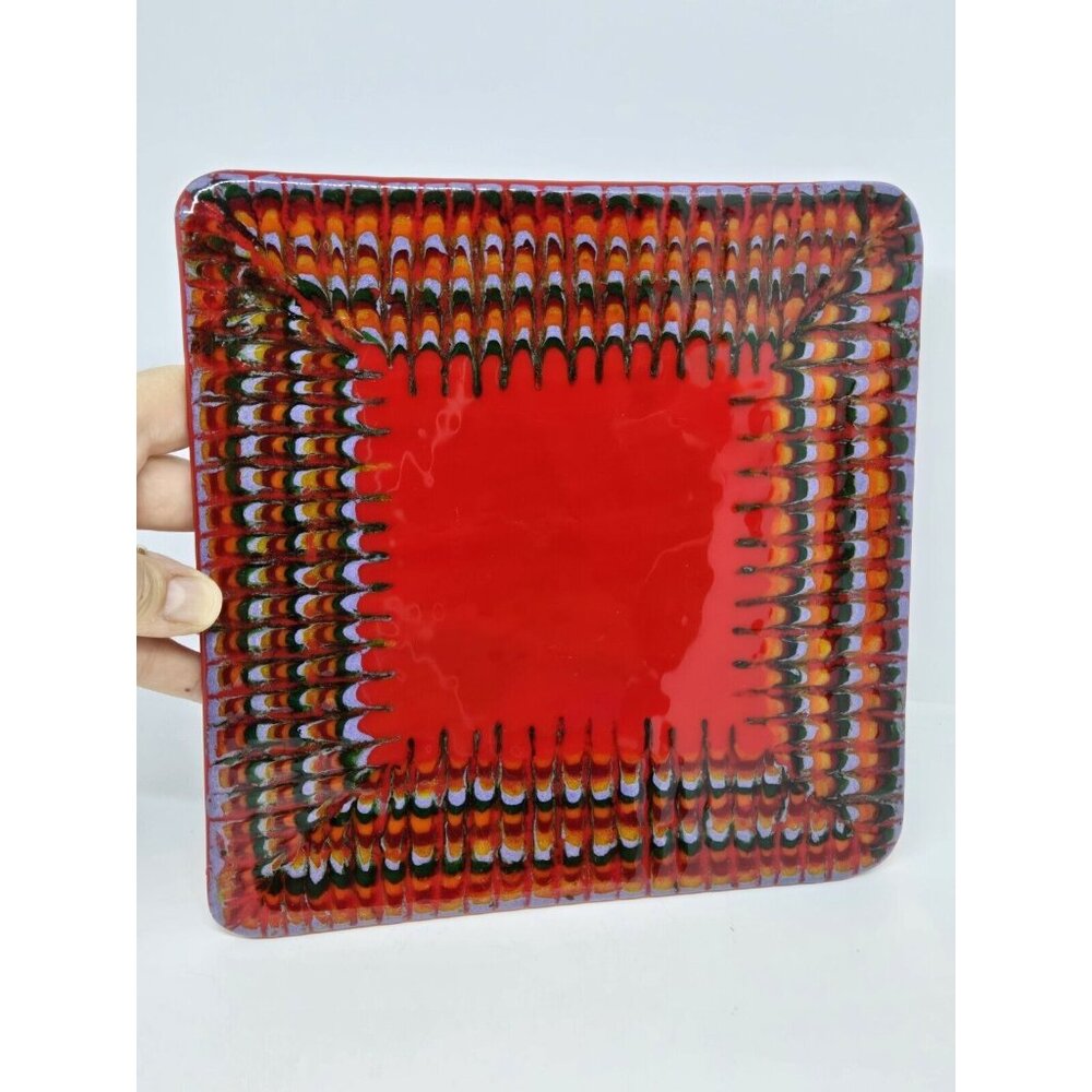 Vtg Fused Art Glass Medium Square Dish Tray Bright Multi Colored RED MCM Decor